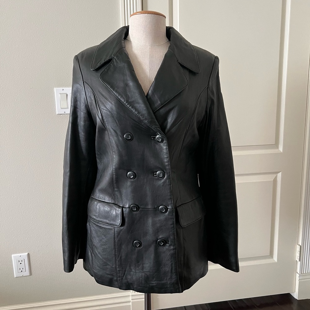 Classic Black Double-Breasted Women's Leather Coat